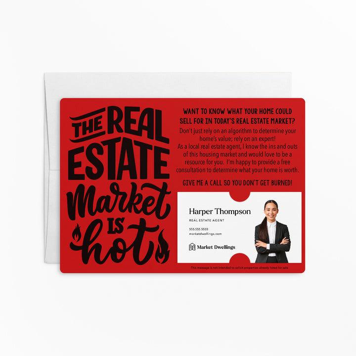 Set of "The Real Estate Market is Hot" Mailer | Envelopes Included | M46-M003 Mailer Market Dwellings SCARLET