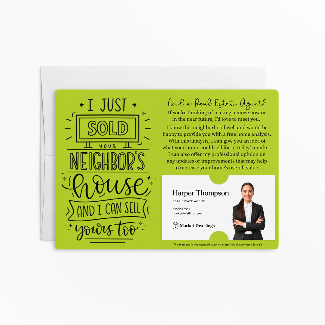 Set of "I Just Sold Your Neighbor's House" Mailer | Envelopes Included | M47-M003 Mailer Market Dwellings GREEN APPLE