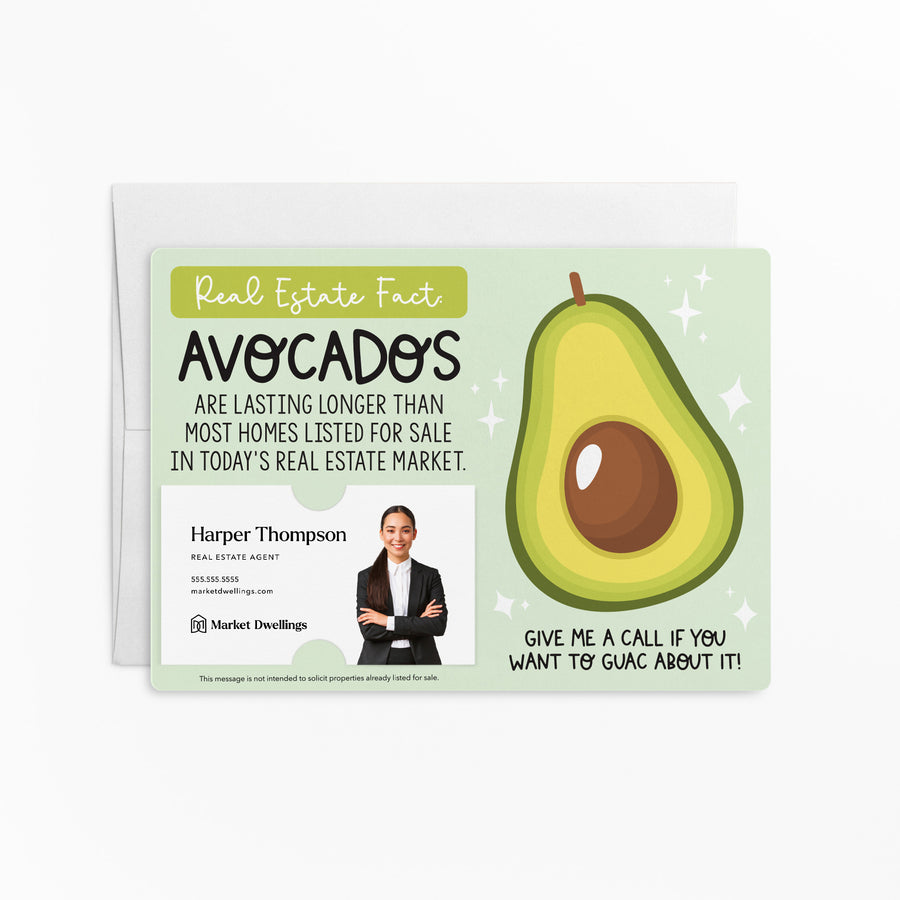 Set of "Avocados Are Lasting Longer Than Most Homes Listed For Sale" Double Sided Mailers | Envelopes Included | M5-M004 Mailer Market Dwellings