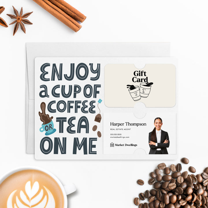 Set of "Enjoy a Cup of Coffee or Tea On Me" Gift Card & Business Card Holder Mailer | Envelopes Included | M52-M008 Mailer Market Dwellings