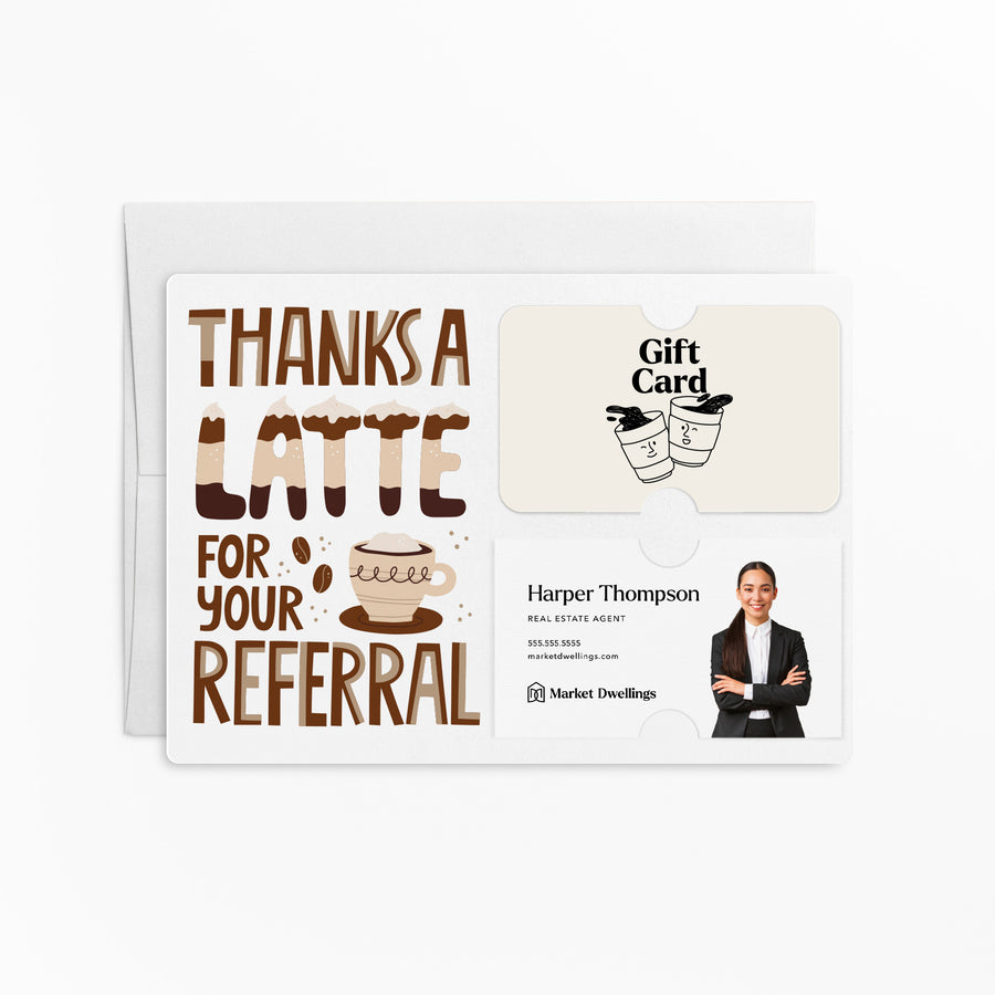 Set of "Thanks a Latte for Your Referral" Coffee Gift Card & Business Card Holder Mailer | Envelopes Included | M53-M008 Mailer Market Dwellings