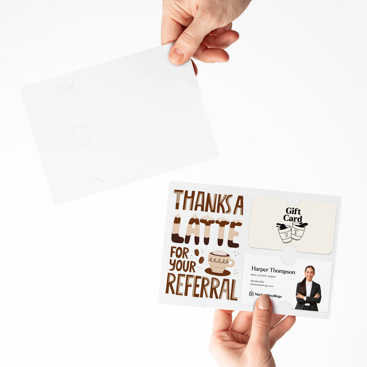 Set of "Thanks a Latte for Your Referral" Coffee Gift Card & Business Card Holder Mailer | Envelopes Included | M53-M008 Mailer Market Dwellings