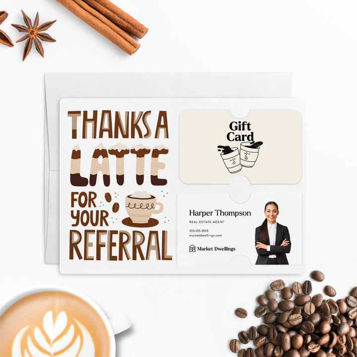 Set of "Thanks a Latte for Your Referral" Coffee Gift Card & Business Card Holder Mailer | Envelopes Included | M53-M008 Mailer Market Dwellings