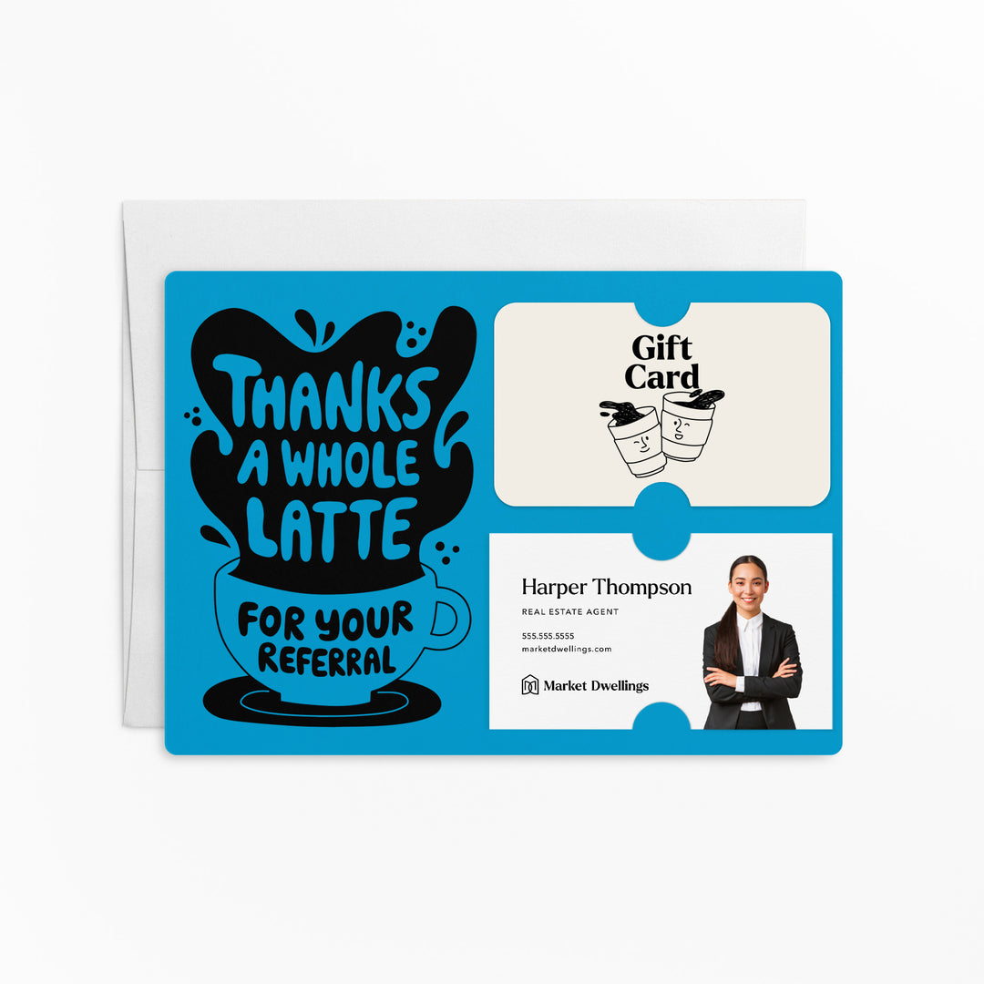 Set of "Thanks A Whole Latte For Your Referrals" Coffee Gift Card & Business Card Holder Mailer | Envelopes Included | M55-M008 Mailer Market Dwellings ARCTIC