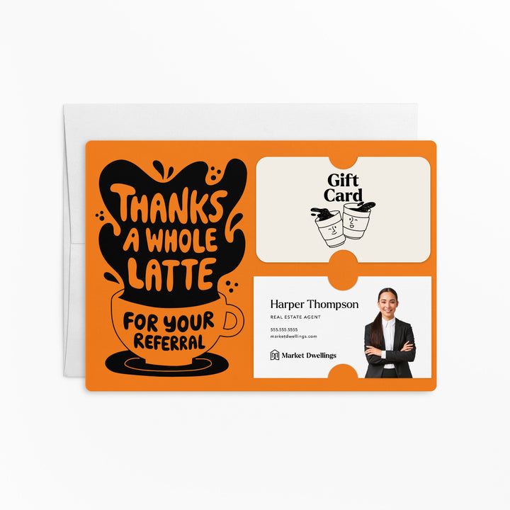 Set of "Thanks A Whole Latte For Your Referrals" Coffee Gift Card & Business Card Holder Mailer | Envelopes Included | M55-M008 Mailer Market Dwellings CARROT