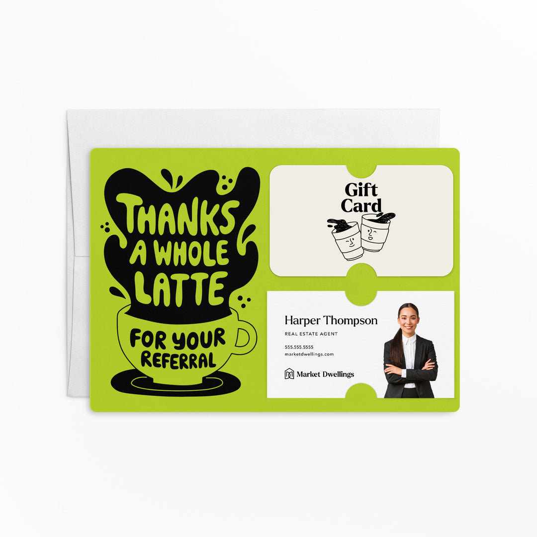 Set of "Thanks A Whole Latte For Your Referrals" Coffee Gift Card & Business Card Holder Mailer | Envelopes Included | M55-M008 Mailer Market Dwellings GREEN APPLE