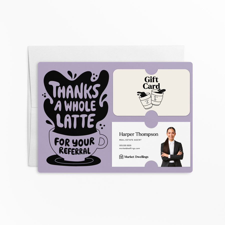 Set of "Thanks A Whole Latte For Your Referrals" Coffee Gift Card & Business Card Holder Mailer | Envelopes Included | M55-M008 Mailer Market Dwellings LIGHT PURPLE