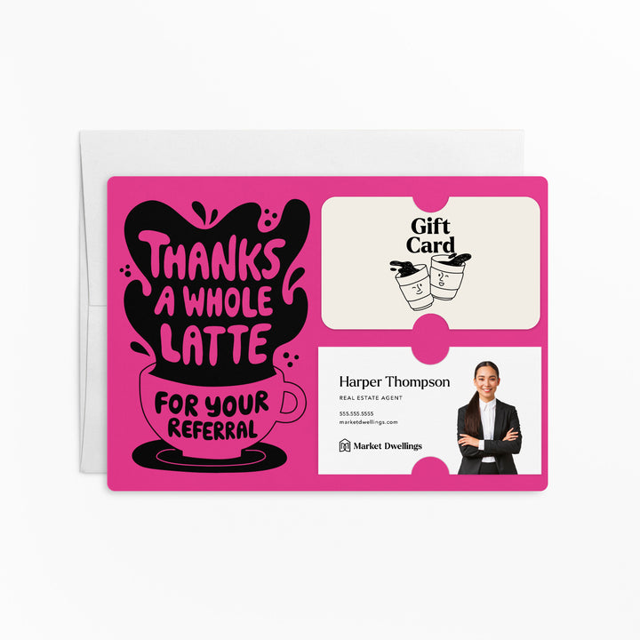 Set of "Thanks A Whole Latte For Your Referrals" Coffee Gift Card & Business Card Holder Mailer | Envelopes Included | M55-M008 Mailer Market Dwellings RAZZLE BERRY