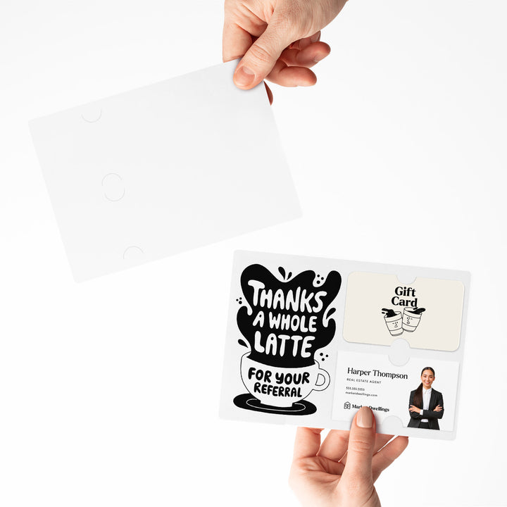 Set of "Thanks A Whole Latte For Your Referrals" Coffee Gift Card & Business Card Holder Mailer | Envelopes Included | M55-M008