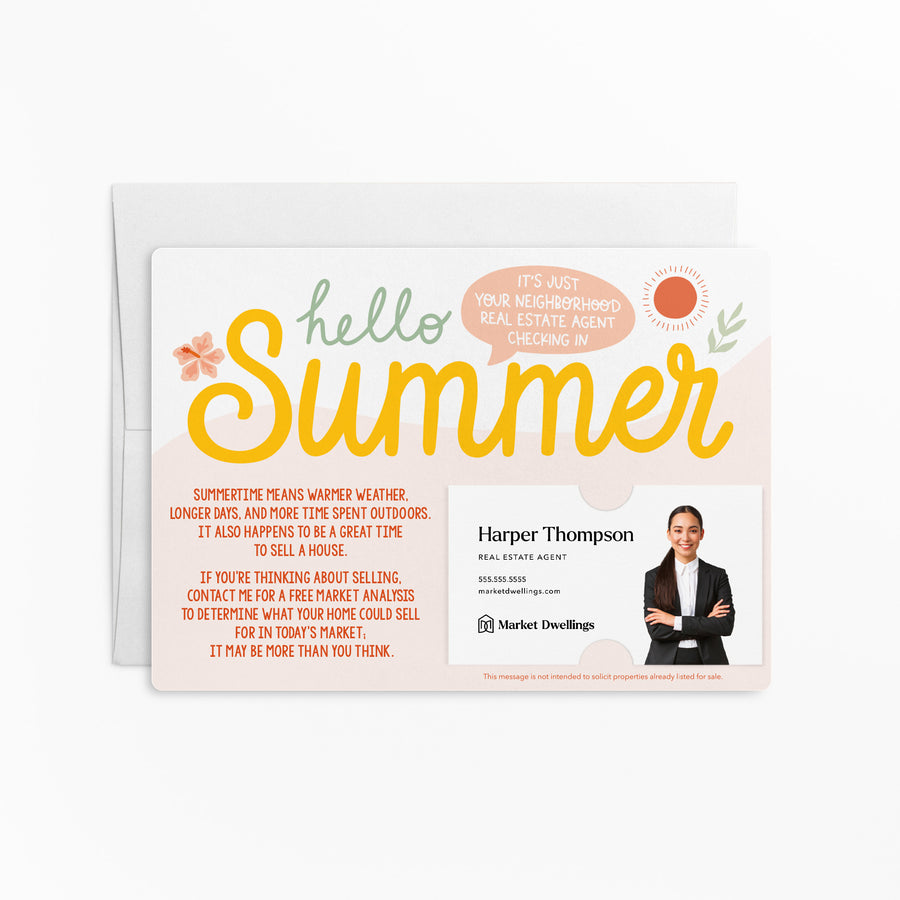 Set of "Hello Summer" Real Estate Neighbor Double Sided Mailers | Envelopes Included | Summer | M56-M003 Mailer Market Dwellings