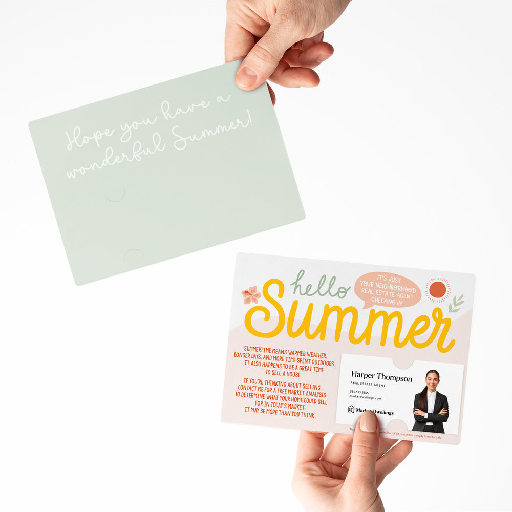 Set of "Hello Summer" Real Estate Neighbor Double Sided Mailers | Envelopes Included | Summer | M56-M003 Mailer Market Dwellings