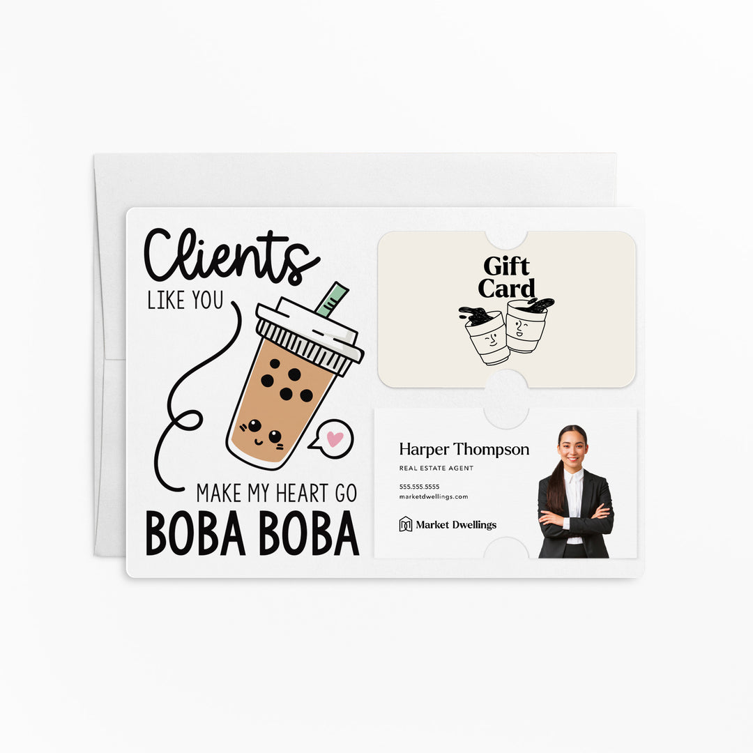 Set of "Clients Like You Make My Heart Go Boba Boba" Coffee or Tea Gift Card & Business Card Holder Mailers | Envelopes Included | M58-M008 Mailer Market Dwellings