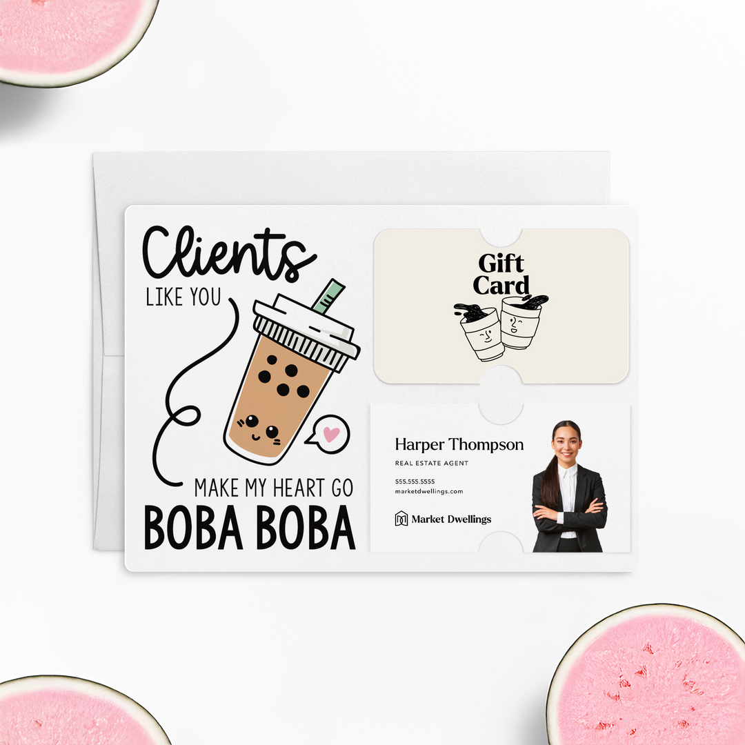 Set of "Clients Like You Make My Heart Go Boba Boba" Coffee or Tea Gift Card & Business Card Holder Mailers | Envelopes Included | M58-M008 Mailer Market Dwellings