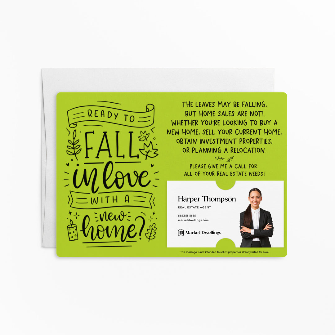 Set of "Ready to Fall in Love with a New Home?" Fall Real Estate Mailer | Envelopes Included | M59-M003 Mailer Market Dwellings GREEN APPLE