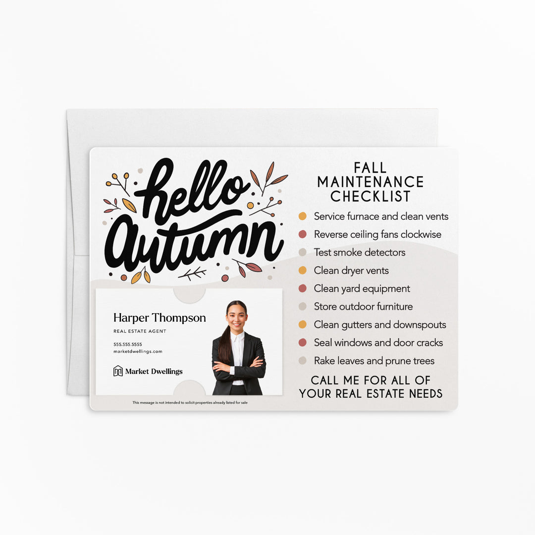 Set of Hello Autumn Fall Maintenance Checklist Real Estate Mailers | Envelopes Included | M6-M004 Mailer Market Dwellings