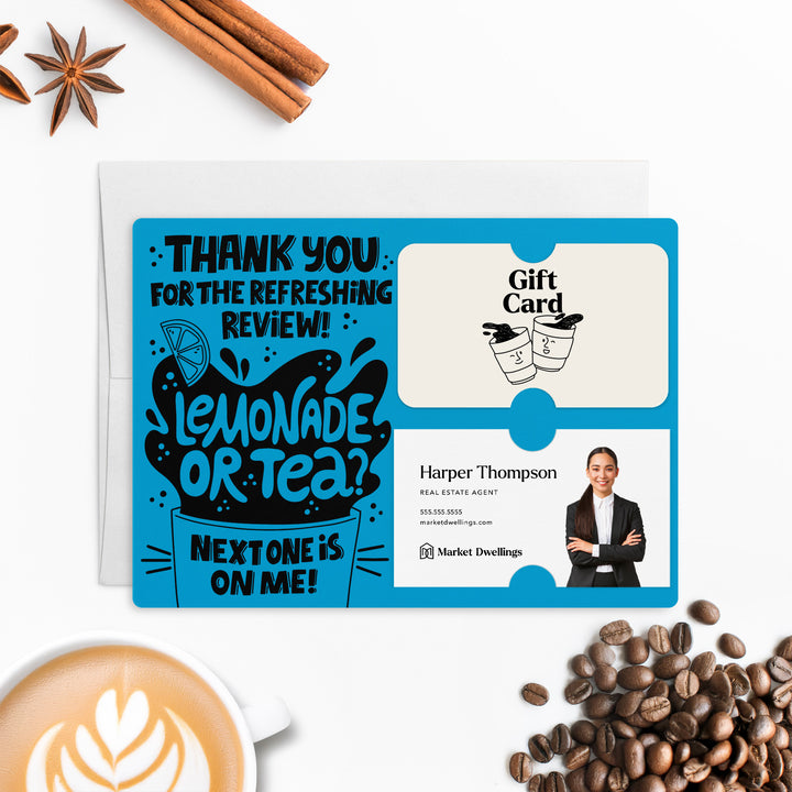 Set of "Thank You for the Refreshing Review" Lemonade or Tea Gift Card & Business Card Holder Mailers | Envelopes Included | M62-M008 Mailer Market Dwellings