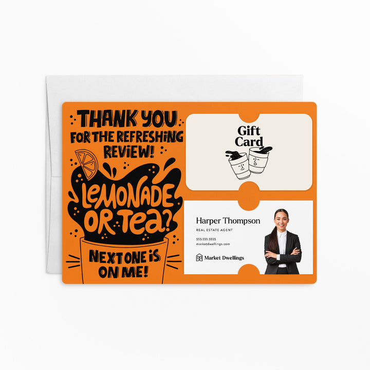 Set of "Thank You for the Refreshing Review" Lemonade or Tea Gift Card & Business Card Holder Mailers | Envelopes Included | M62-M008 Mailer Market Dwellings CARROT