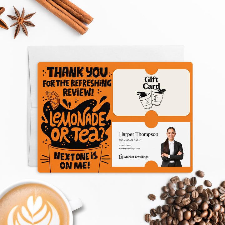 Set of "Thank You for the Refreshing Review" Lemonade or Tea Gift Card & Business Card Holder Mailers | Envelopes Included | M62-M008 Mailer Market Dwellings