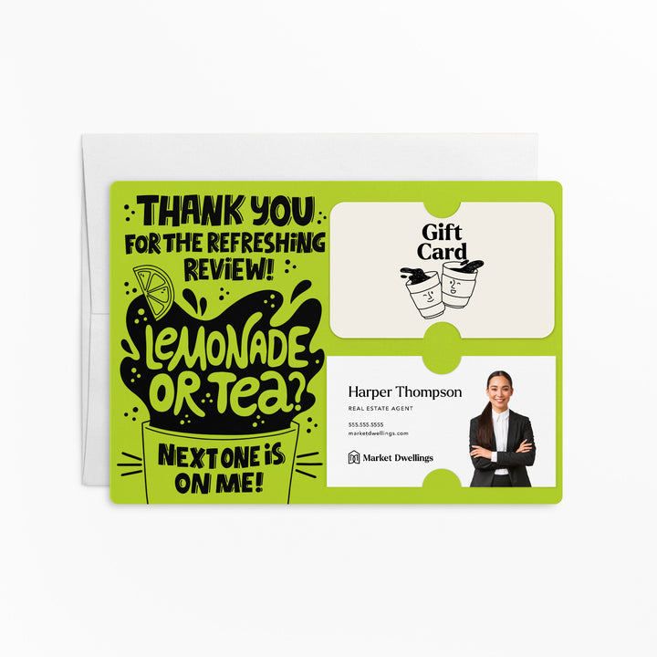 Set of "Thank You for the Refreshing Review" Lemonade or Tea Gift Card & Business Card Holder Mailers | Envelopes Included | M62-M008 Mailer Market Dwellings GREEN APPLE