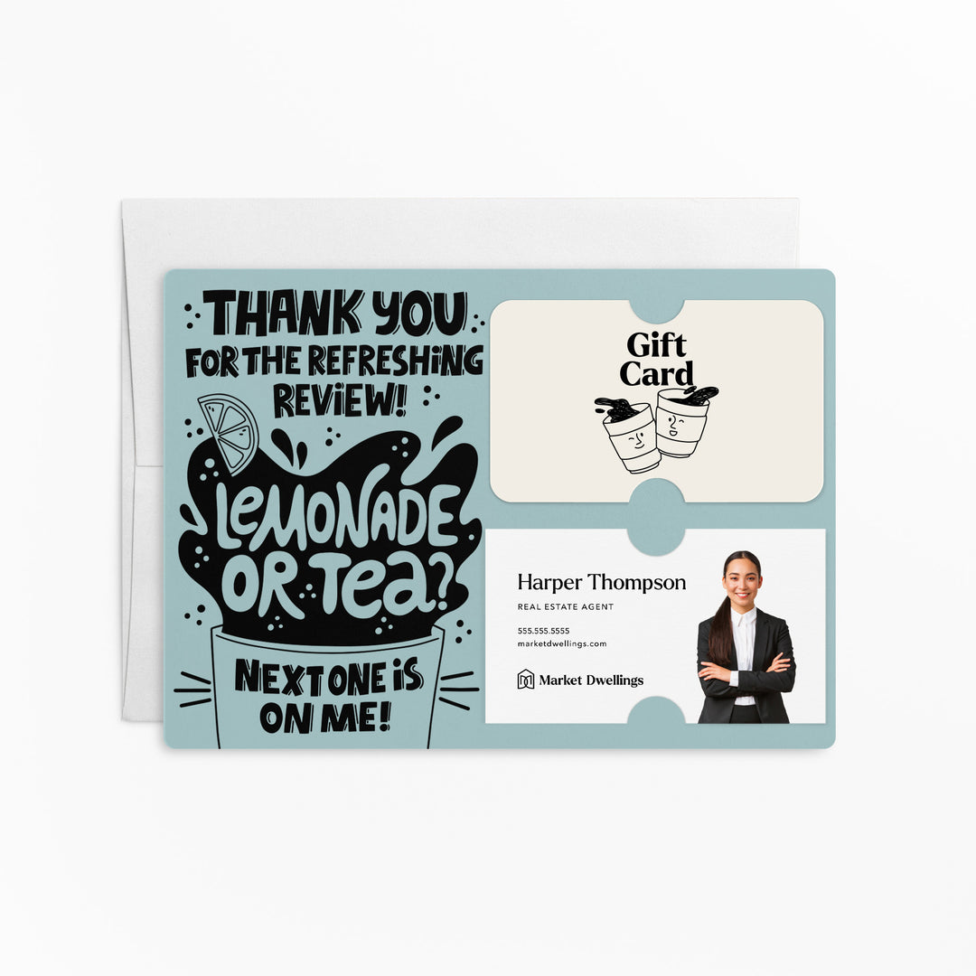 Set of "Thank You for the Refreshing Review" Lemonade or Tea Gift Card & Business Card Holder Mailers | Envelopes Included | M62-M008 Mailer Market Dwellings LIGHT BLUE