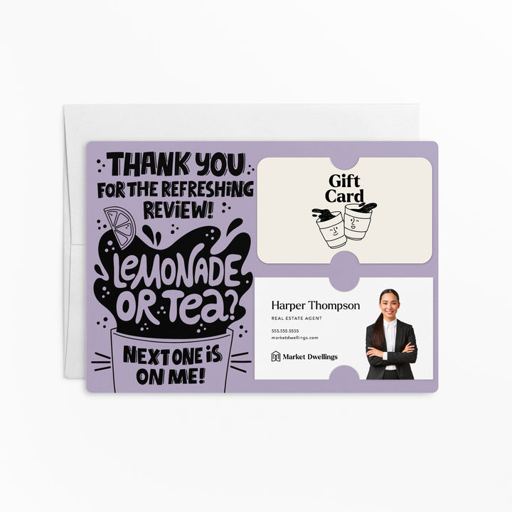 Set of "Thank You for the Refreshing Review" Lemonade or Tea Gift Card & Business Card Holder Mailers | Envelopes Included | M62-M008 Mailer Market Dwellings LIGHT PURPLE