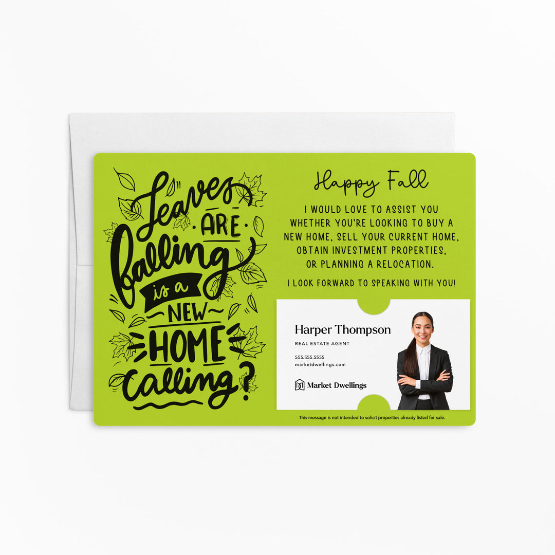 Set of "Leaves are Falling is a New Home Calling?" Fall Real Estate Mailer | Envelopes Included | M68-M003 Mailer Market Dwellings GREEN APPLE