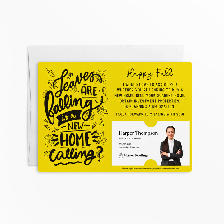 Set of "Leaves are Falling is a New Home Calling?" Fall Real Estate Mailer | Envelopes Included | M68-M003 Mailer Market Dwellings LEMON