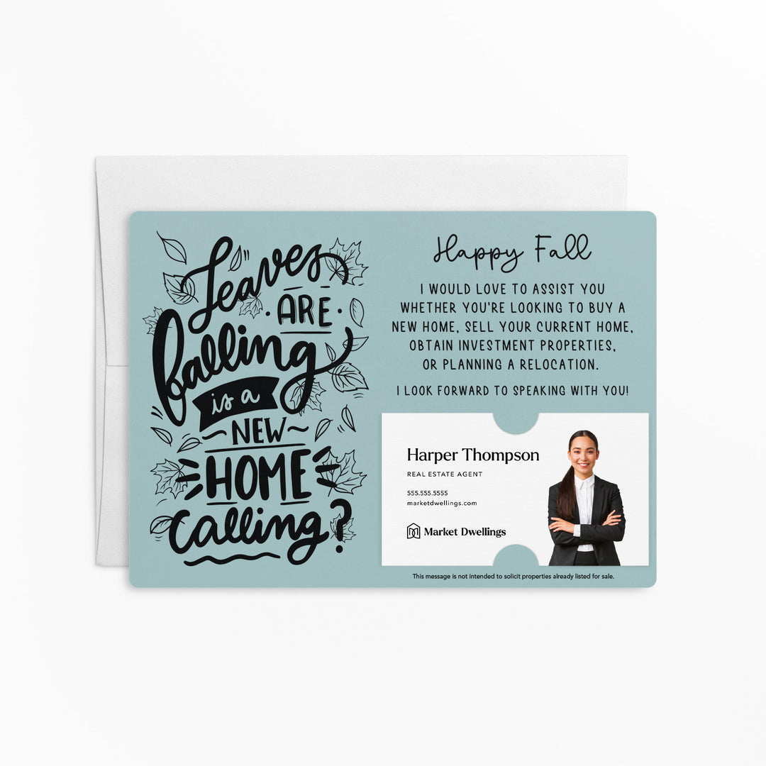 Set of "Leaves are Falling is a New Home Calling?" Fall Real Estate Mailer | Envelopes Included | M68-M003 Mailer Market Dwellings LIGHT BLUE