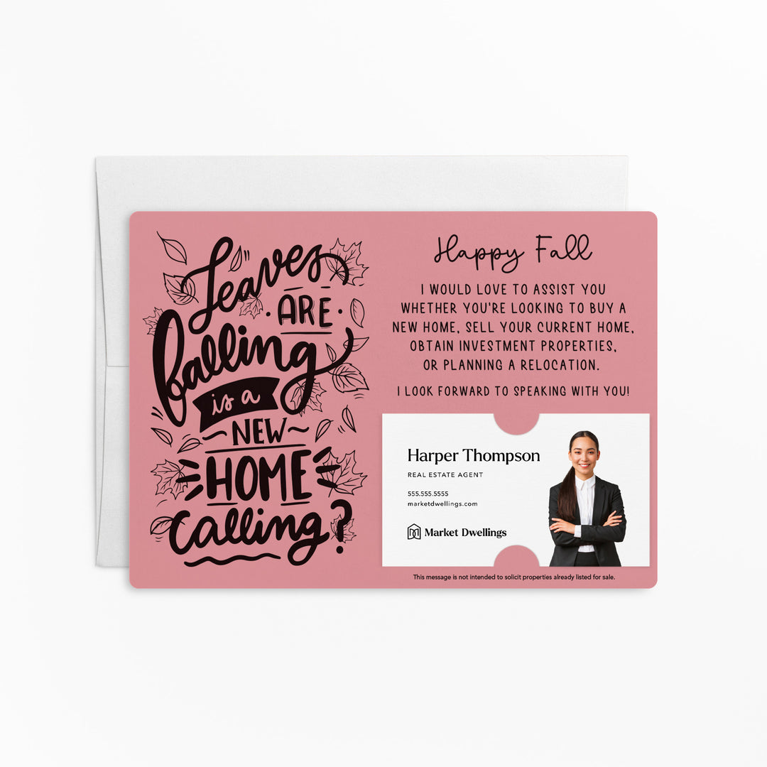 Set of "Leaves are Falling is a New Home Calling?" Fall Real Estate Mailer | Envelopes Included | M68-M003 Mailer Market Dwellings LIGHT PINK