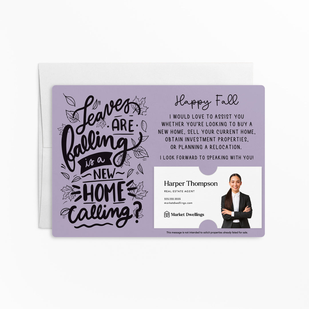 Set of "Leaves are Falling is a New Home Calling?" Fall Real Estate Mailer | Envelopes Included | M68-M003 Mailer Market Dwellings LIGHT PURPLE