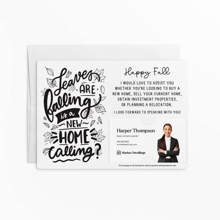 Set of "Leaves are Falling is a New Home Calling?" Fall Real Estate Mailer | Envelopes Included | M68-M003 Mailer Market Dwellings WHITE