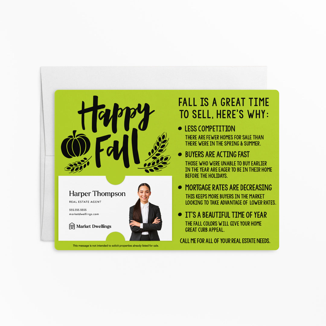 Set of "Happy Fall" Real Estate Mailer | Envelopes Included | M7-M004 Mailer Market Dwellings GREEN APPLE