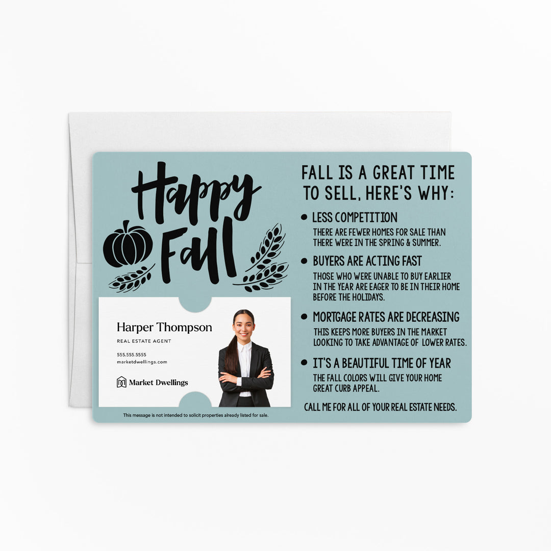 Set of "Happy Fall" Real Estate Mailer | Envelopes Included | M7-M004 Mailer Market Dwellings LIGHT BLUE