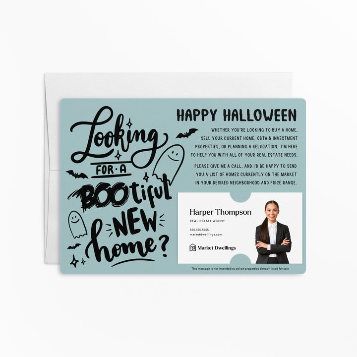 Set of Halloween "Looking for a BOO-tiful New Home?" Real Estate Mailer | Envelopes Included | M70-M003 Mailer Market Dwellings LIGHT BLUE