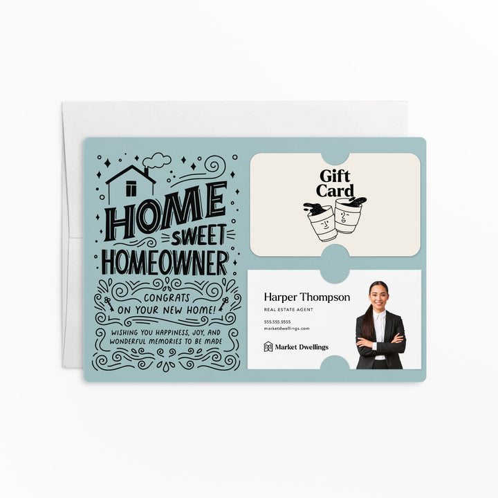 Home Sweet Homeowner Gift Card and Business Card Holder | Mailer with Envelope | Real Estate Agent Greeting Card Marketing | M70-M008 Mailer Market Dwellings LIGHT BLUE