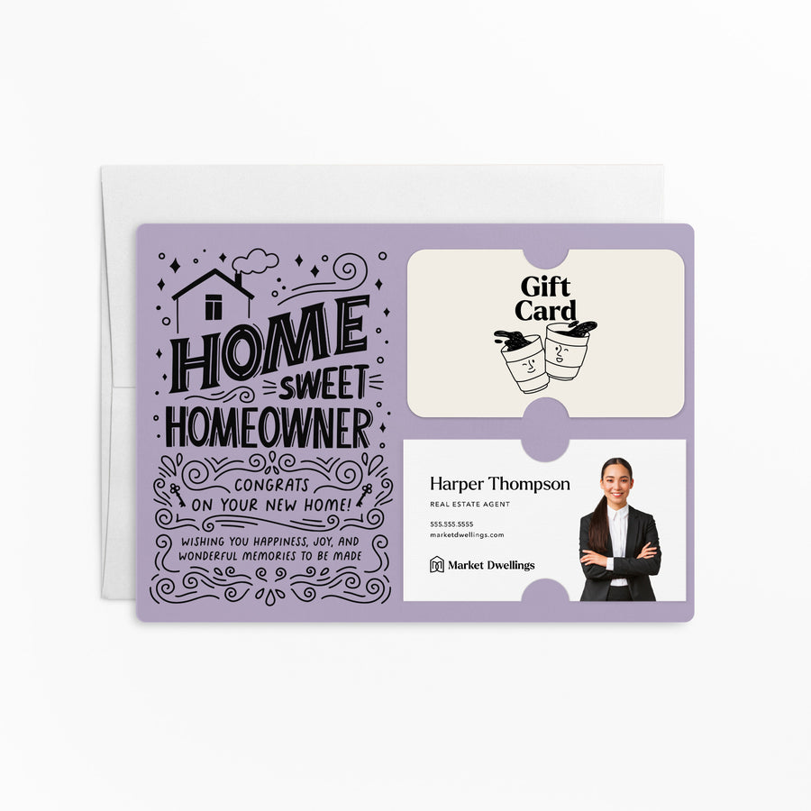 Home Sweet Homeowner Gift Card and Business Card Holder | Mailer with Envelope | Real Estate Agent Greeting Card Marketing | M70-M008 Mailer Market Dwellings LIGHT PURPLE