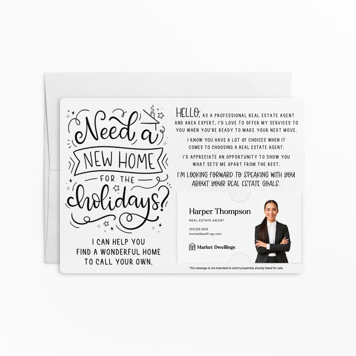 Set of "Need a New Home for the Holidays" Real Estate Mailer | Envelopes Included | M71-M003 Mailer Market Dwellings WHITE