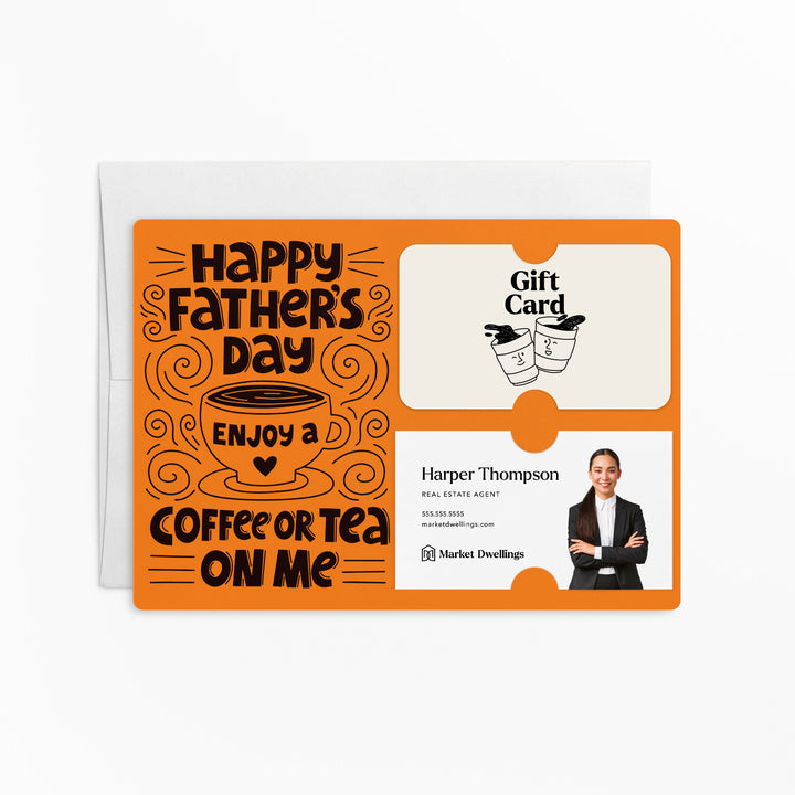 Happy Father's Day Enjoy a Coffee or Tea Gift Card and Business Card Holder | Mailer with Envelope | Real Estate Agent Greeting Card Marketing | M73-M008 Mailer Market Dwellings CARROT