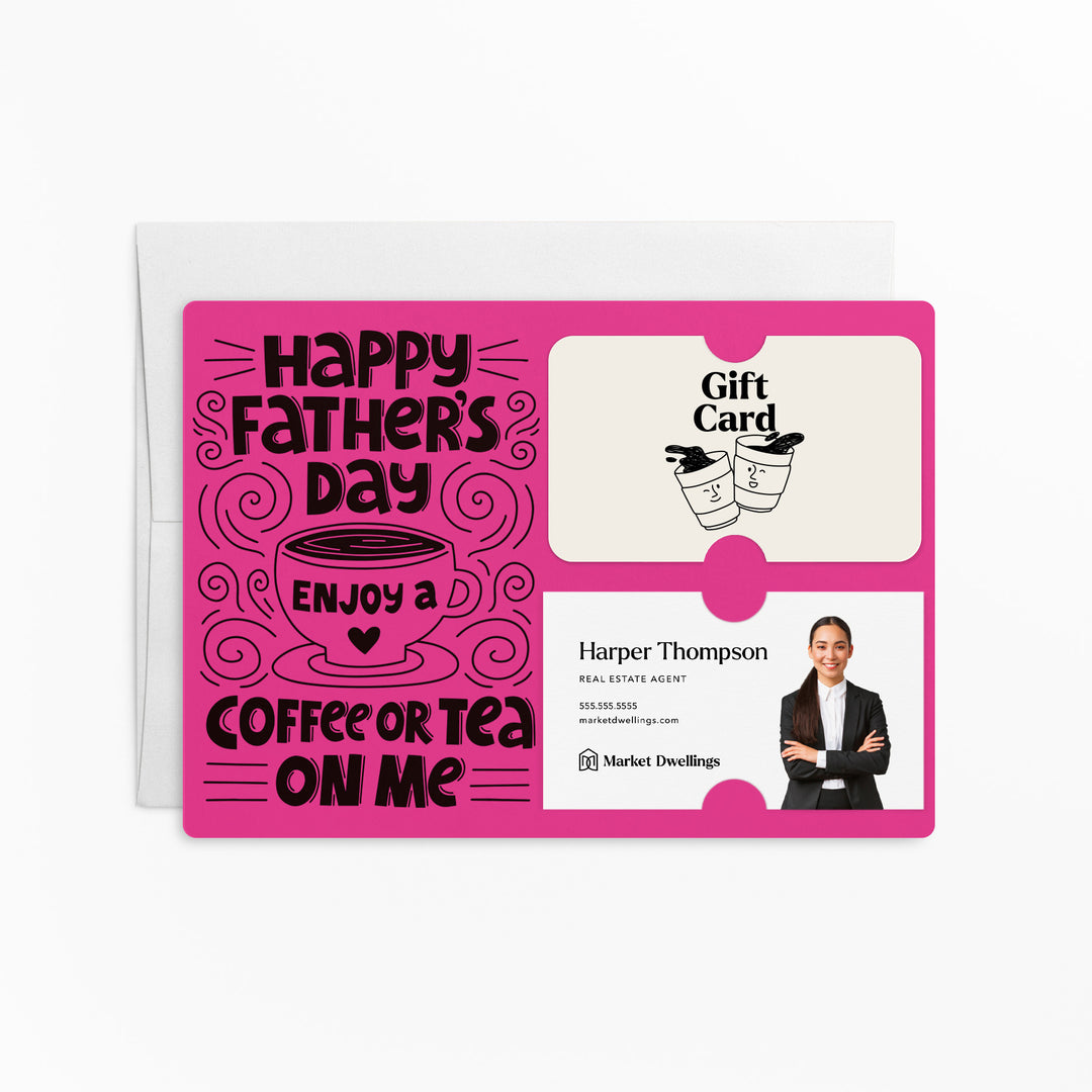 Happy Father's Day Enjoy a Coffee or Tea Gift Card and Business Card Holder | Mailer with Envelope | Real Estate Agent Greeting Card Marketing | M73-M008 Mailer Market Dwellings RAZZLE BERRY