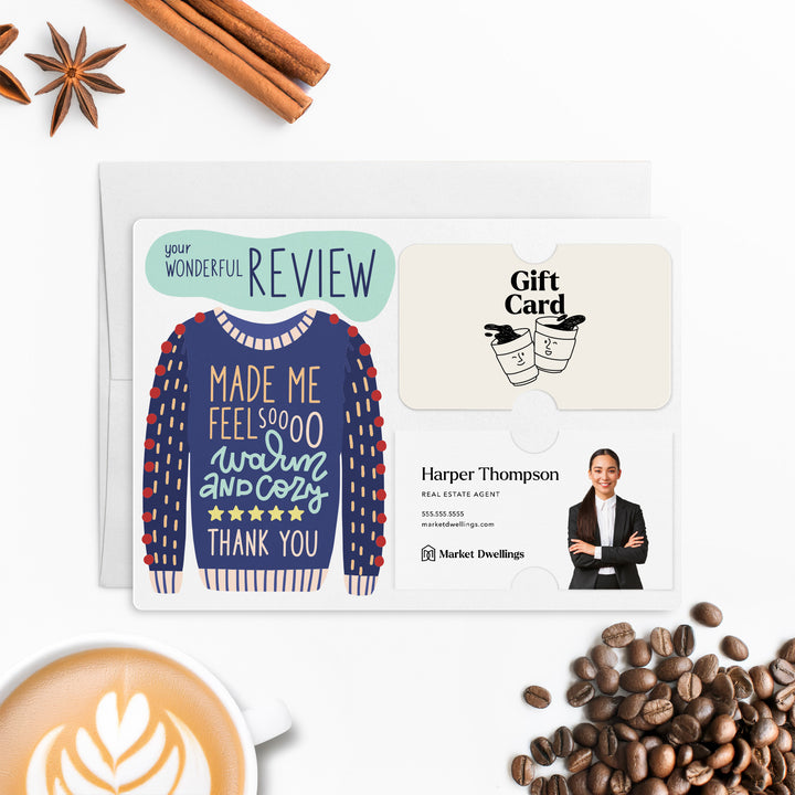 Set of "Your Wonderful Review Made Me So Warm and Cozy" Gift Card & Business Card Holder Mailers | Envelopes Included | M75-M008 Mailer Market Dwellings