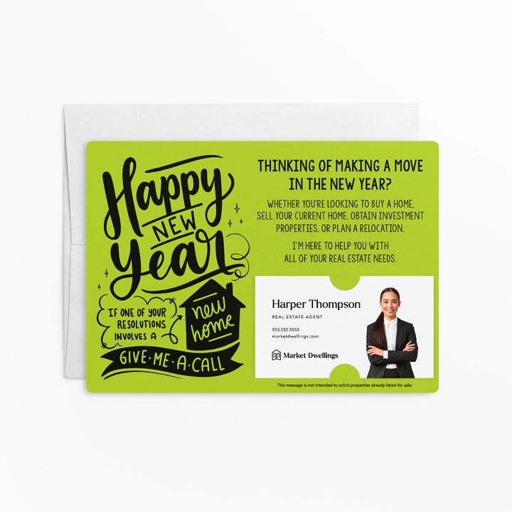 Set of "Happy New Year" Real Estate Resolution Mailers | Envelopes Included | M76-M003 Mailer Market Dwellings GREEN APPLE