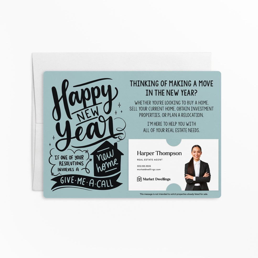 Set of "Happy New Year" Real Estate Resolution Mailers | Envelopes Included | M76-M003 Mailer Market Dwellings LIGHT BLUE