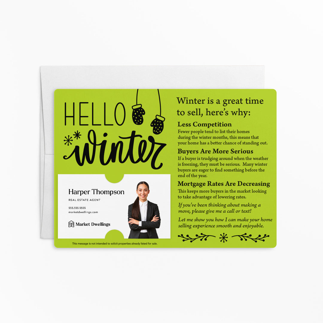 Set of "Hello Winter" Real Estate Mailers | Envelopes Included | M8-M004 Mailer Market Dwellings GREEN APPLE