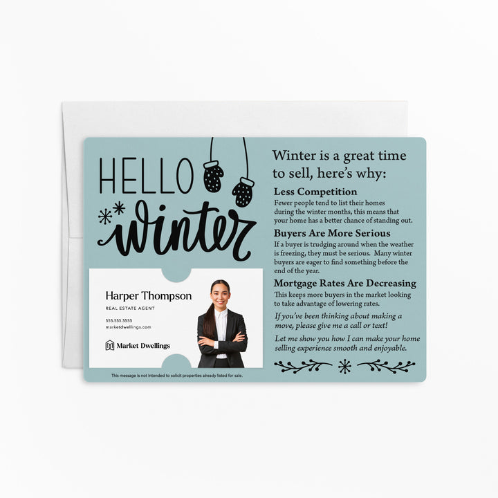 Set of "Hello Winter" Real Estate Mailers | Envelopes Included | M8-M004 Mailer Market Dwellings LIGHT BLUE