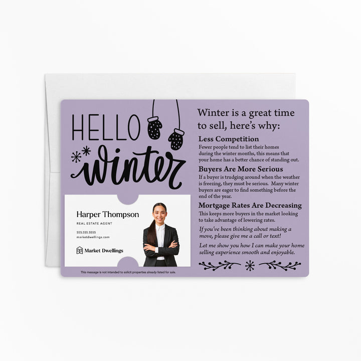 Set of "Hello Winter" Real Estate Mailers | Envelopes Included | M8-M004 Mailer Market Dwellings LIGHT PURPLE