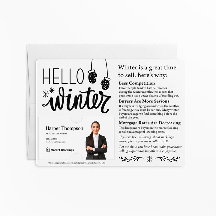 Set of "Hello Winter" Real Estate Mailers | Envelopes Included | M8-M004 Mailer Market Dwellings WHITE