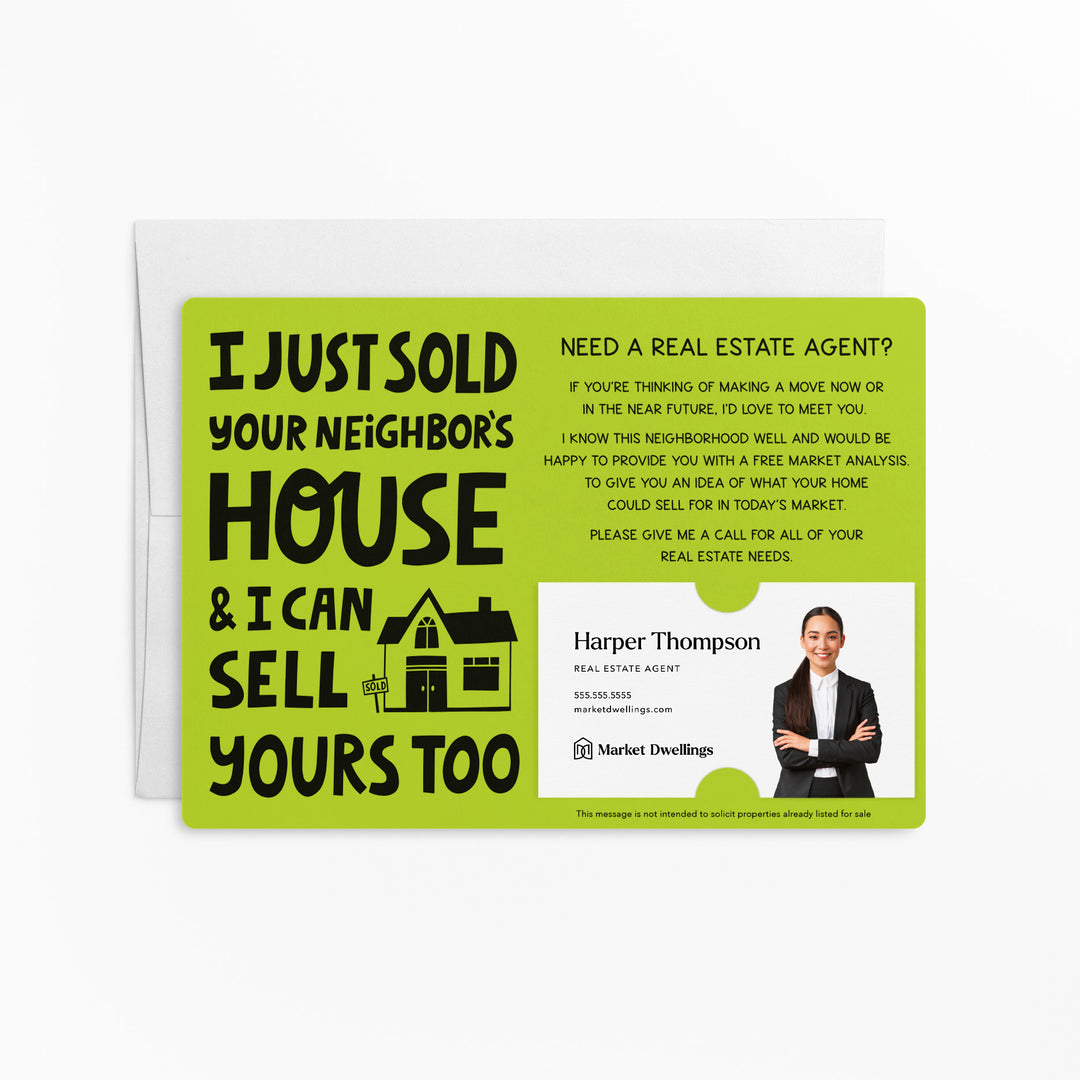 Set of "I Just Sold Your Neighbor's House" Mailer | Envelopes Included | M80-M003 Mailer Market Dwellings GREEN APPLE