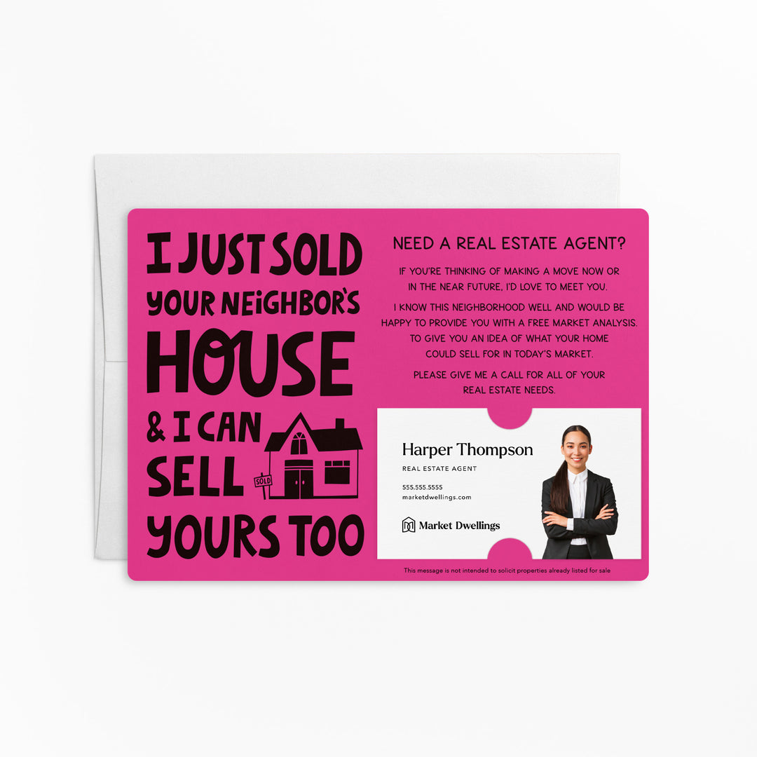 Set of "I Just Sold Your Neighbor's House" Mailer | Envelopes Included | M80-M003 Mailer Market Dwellings RAZZLE BERRY