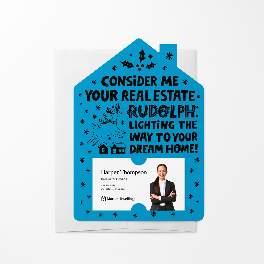 Set of Consider Me Your Real Estate Rudolph: Lighting The Way To Your Dream Home. | Christmas Winter Mailers | Envelopes Included | M81-M001 Mailer Market Dwellings ARCTIC