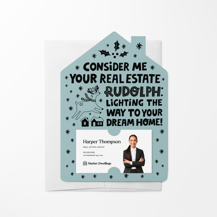 Set of Consider Me Your Real Estate Rudolph: Lighting The Way To Your Dream Home. | Christmas Winter Mailers | Envelopes Included | M81-M001 Mailer Market Dwellings LIGHT BLUE